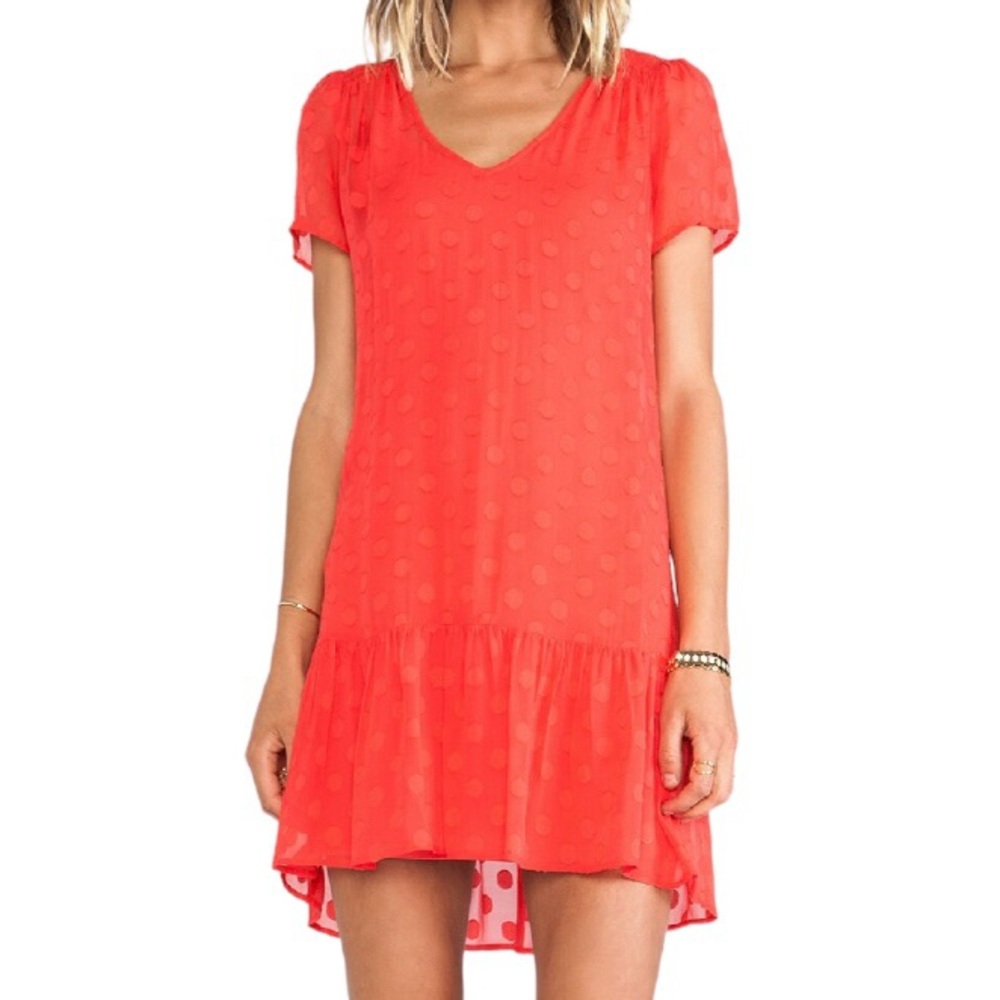 ELLA MOSS Sabine Sheer Silk Polka Dots Short Sleeve Dress, Rudy Red, Medium
